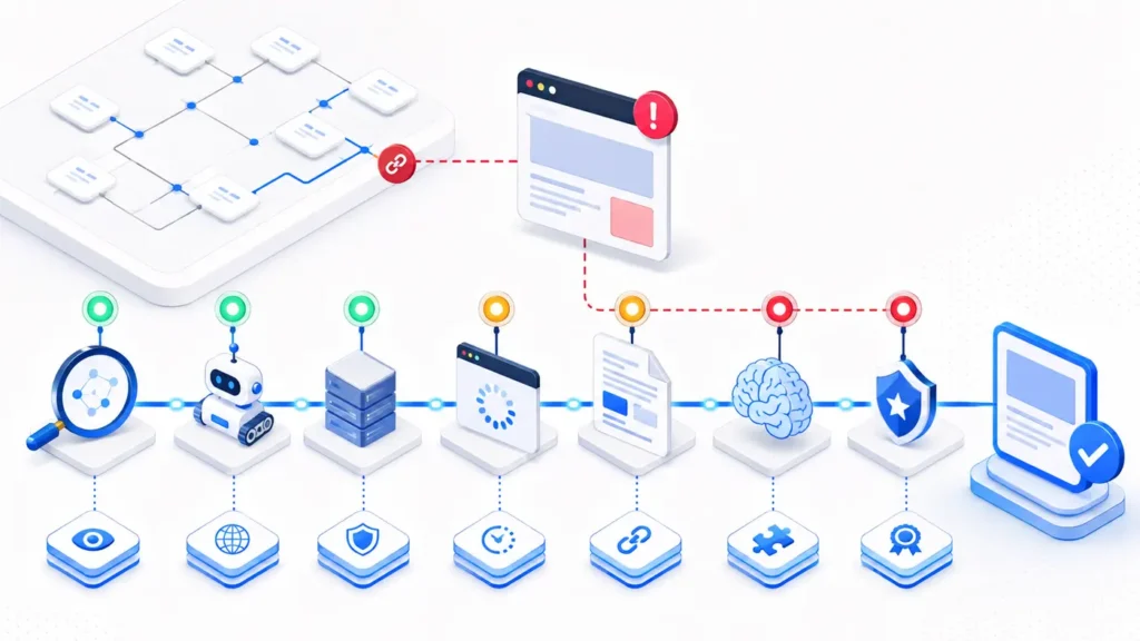 Diagnostic path for orphan page discovery, crawling, rendering, and citation readiness