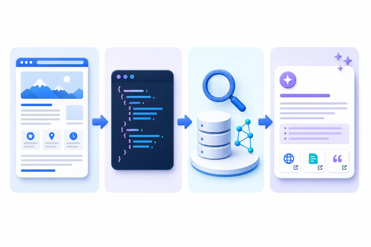 Workflow from visible website content through JSON-LD and search systems to an AI citation