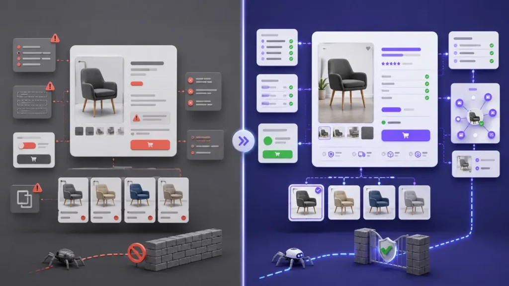 Weak ecommerce product page compared with an AI-ready product page with consistent evidence