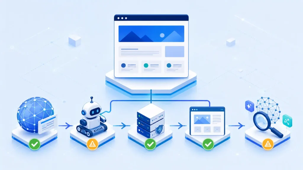 Website discoverability check stages from URL request and crawler access to rendering and search discovery