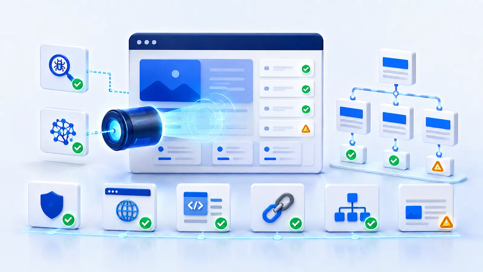 Website health checklist for AI and Google search diagnostic illustration