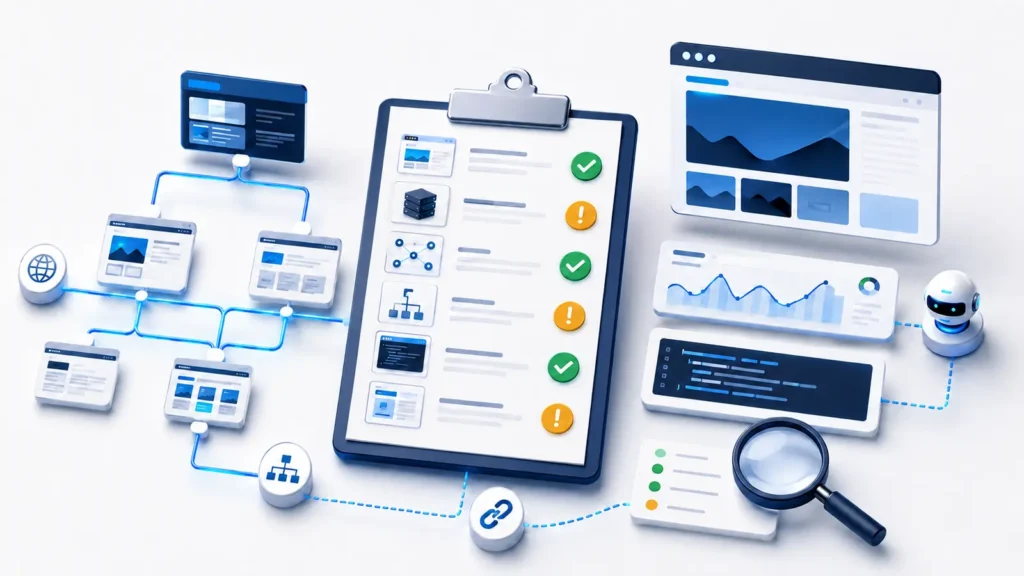 Website health audit evidence board with pass and warning signals